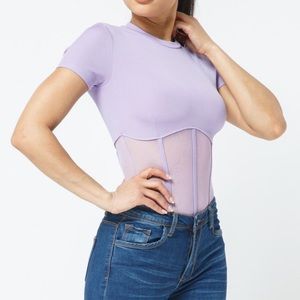 Women's Fashion Sexy Trendy Short Sleeve ribbed bodysuit mesh top Lavender
